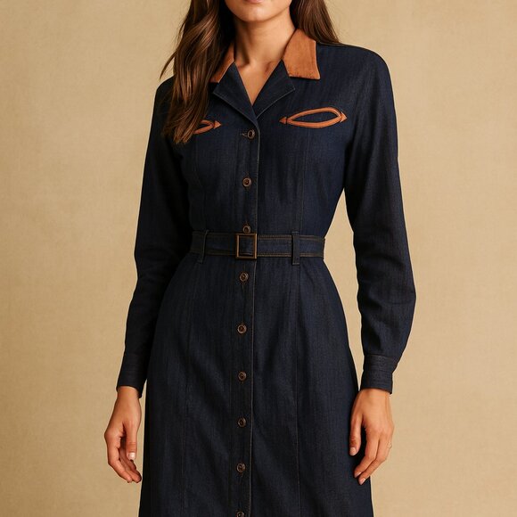 Liz Claiborne Dresses & Skirts - Vintage Liz Claiborne Denim Western Dress Size 2P Corduroy Trim 100% Cotton